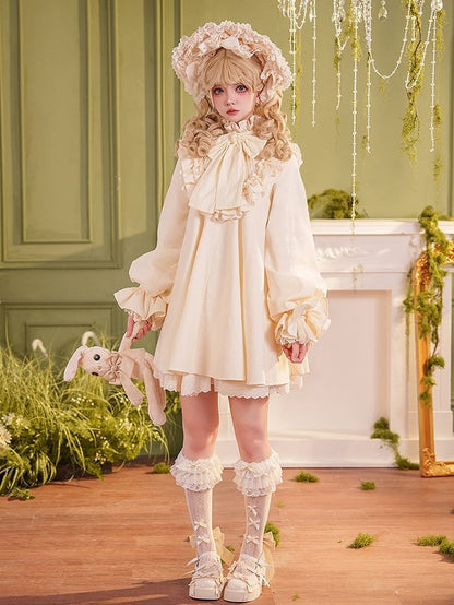 Beige Ärmel Rüschen Langes Kleid Baumwolle Schleife Süß Großer Hoher Lolita Hals