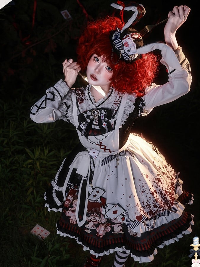 Sweet Lolita Apron Dress OP Full Set with Bunny & Teapot Print in Black and Red - Ying Luo Fu