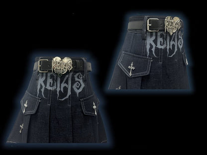 Y2K ダークブルー文字 クロスチャーム パンクロック デニム プリーツスカート