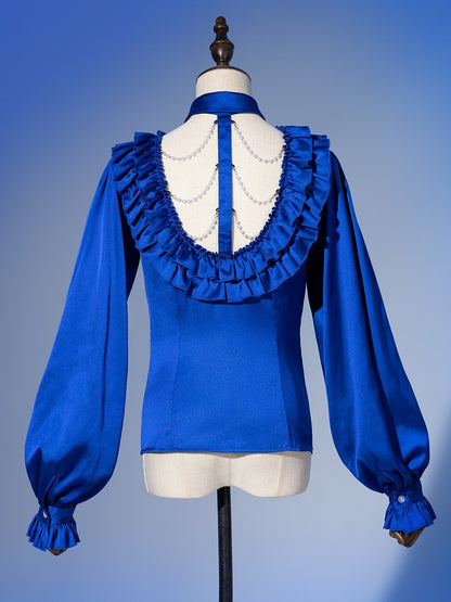 Deep Sea Blue Layered Ruffles V-neck Long Sleeves Shirt with Detachable Bead Chain Cutout Back - DevilInspired Exclusive Collection