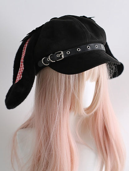 Blau/Schwarze Baskenmütze mit süßen Schnallenriemen und Karomuster und Hasenohren