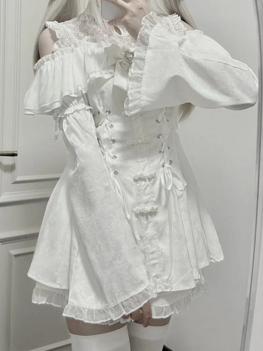 スタイルイリュージョン ボウタイ ミニドレスセット - ケイ チャイナドレス ホワイト + ショーツ ジライネックライン + ベルスリーブ