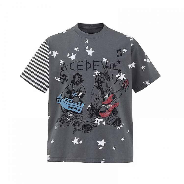 T-Shirt Loose Y2K Graffiti Print Rundhals Grau/Weiß