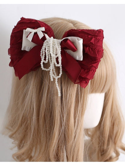 Hairclip Beaded Tassel Red Bowknot