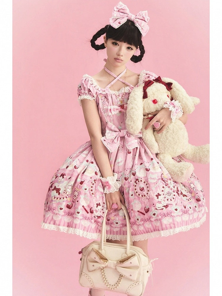 Cat Print Rose Sweet Lolita OP Dress with Removable Crisscross Halter Straps - Pastry Chef
