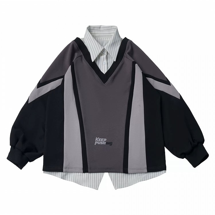 Kawaii Grey Faux Two-Piece Collar Long Sleeve Sweatshirt - PINK SAVIOR