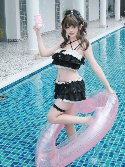 リボンディテール レーストリム 水着 ブラック ティアードフリル