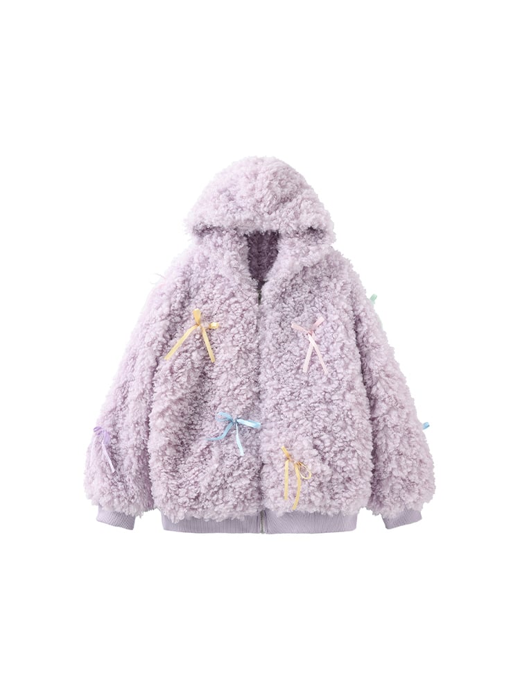 Coat Ribbon Design Zip-Up with Purple Hoodie Bows Plush