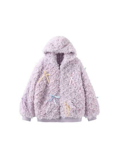Coat Ribbon Design Zip-Up with Purple Hoodie Bows Plush