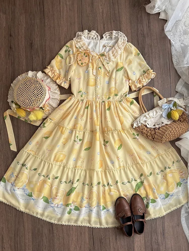 春とひよこドレス袖ショート夏プリントロリータレモンイエロー