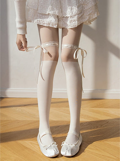 Ribbons Paneled White/Black Tights Bow with