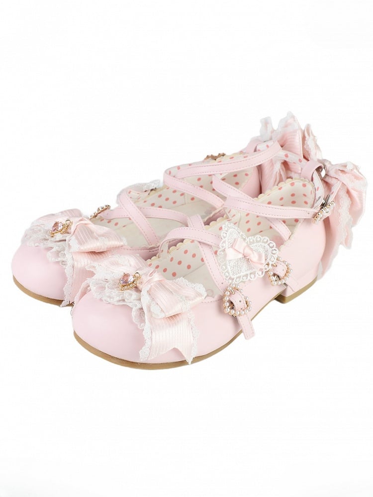 Shoes Details Heels Bowknot Straps Sweet Design Pink Buckle 2CM/5CM Heart Lolita Crisscross Block