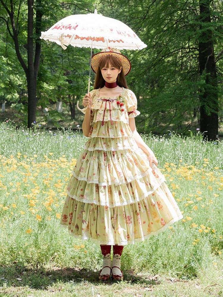 Grünes Print Fruit Summer Parfait Top mit kurzen Ärmeln