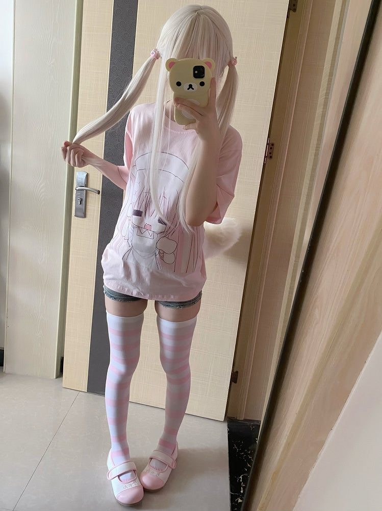 Ear Pink with Cat Pattern Neck Nurse Cotton Crew T-shirt