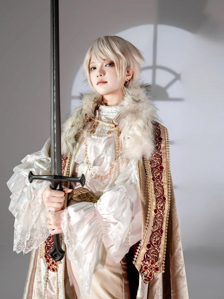 Ouji Lolita White Jabot with Gold Buttons and Lace Trim - Your Highness