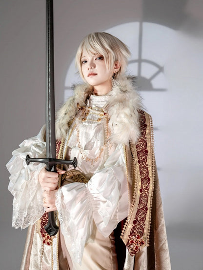 Ouji Lolita White Jabot with Gold Buttons and Lace Trim - Your Highness