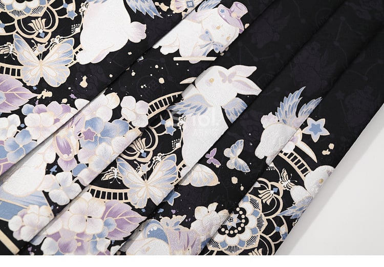 Black Moon Rabbit Cheongsam Style Pleated Midi Skirt