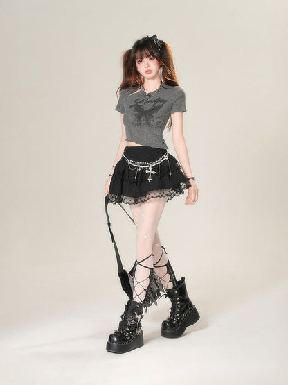 Letter Print Glamourous T-Shirt - Gray Bittersweet Crop Dark Butterfly