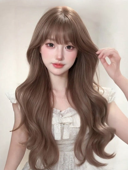 Honey Tea 70cm Full Bangs Long Wavy Curly Wig - Meow Island Wig
