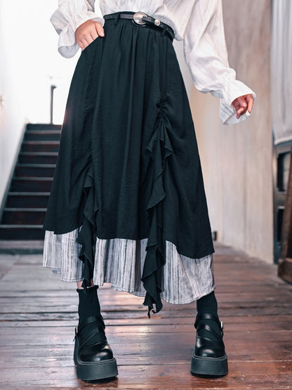 Cascading Hem Cheongsam Black Ruched with Ruffles Skirt Gothic Contrast