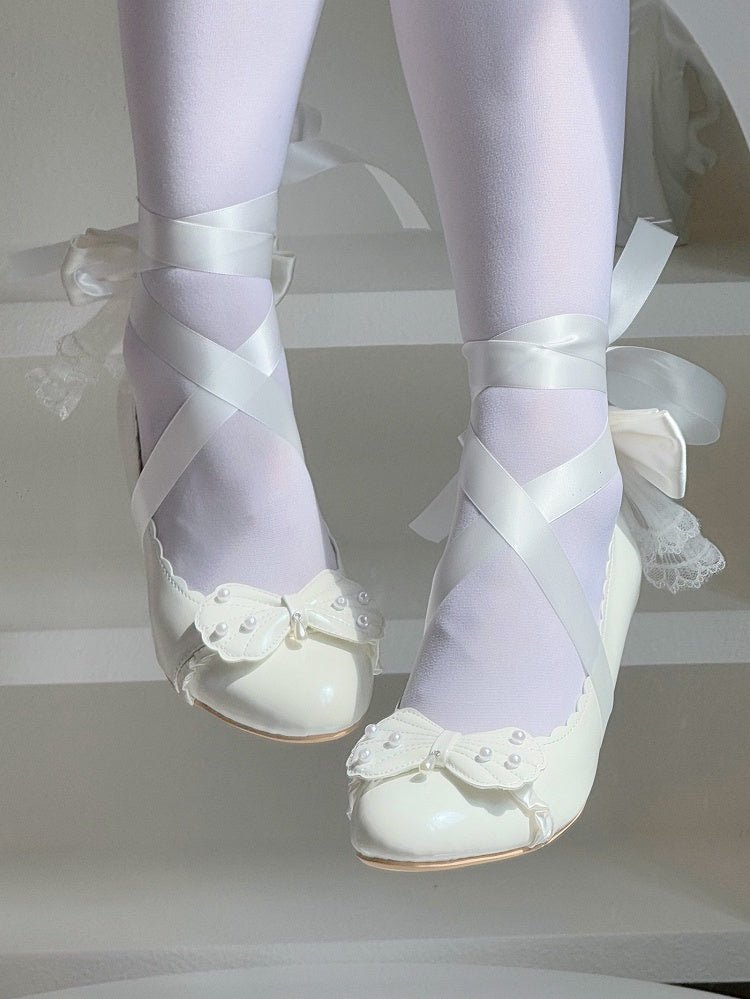 White Lolita Beads with Mid-Heel Bow - Scalloped Shoes Shell Elegant Inspired Details Edge