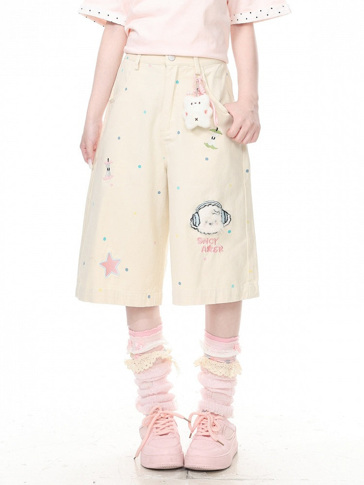 Apricot Polka Dot Cropped Wide Pants with Puppy Embroidery - Languid Park