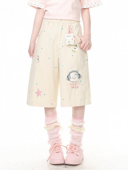 Apricot Polka Dot Cropped Wide Pants with Puppy Embroidery - Languid Park