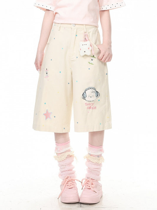 Apricot Polka Dot Cropped Wide Pants with Puppy Embroidery - Languid Park