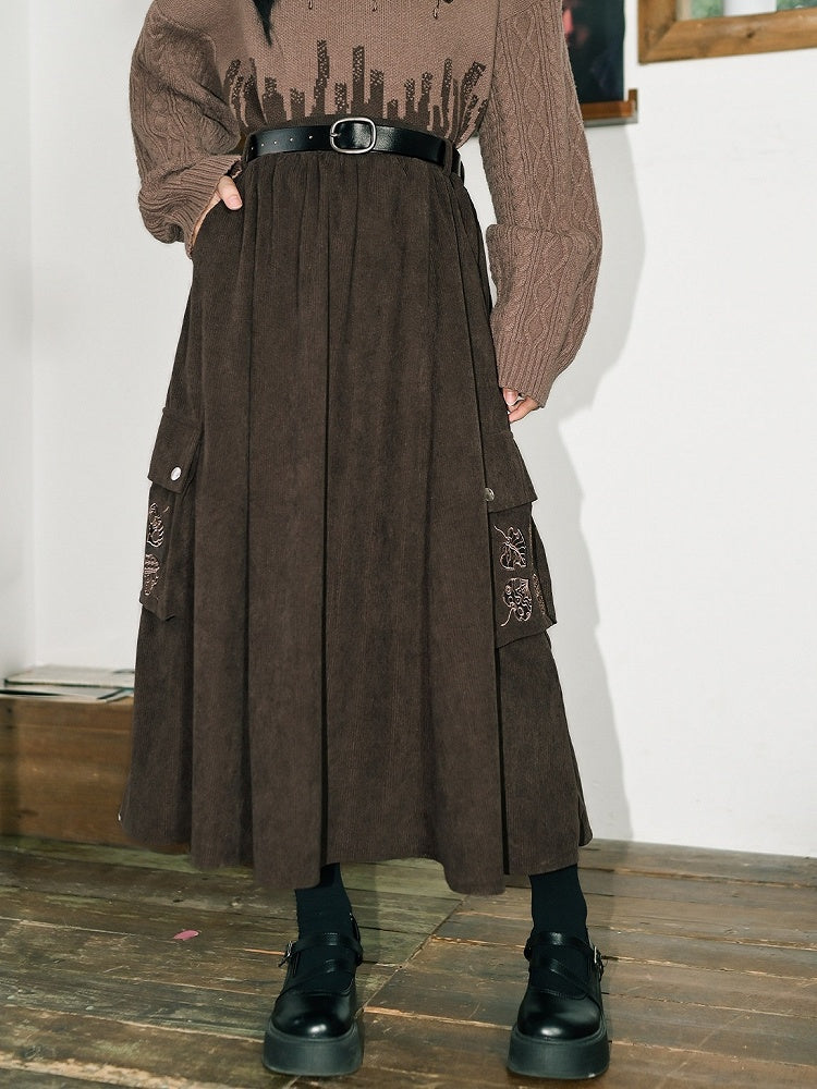 Chinese Pockets Cargo Skirt - Leaf Brown Motif with Embroidery Style