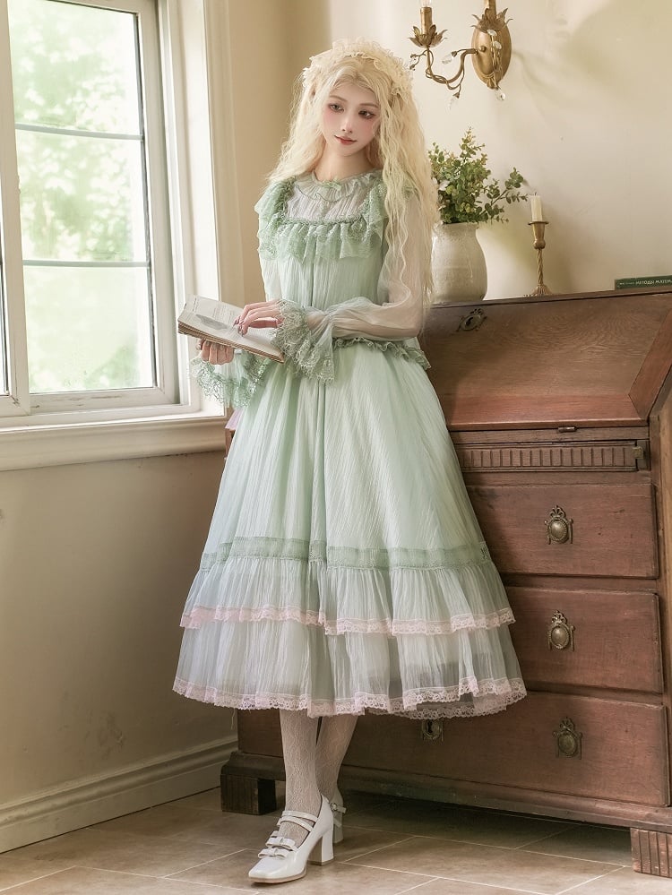 Green Illusion Neckline Blouse with Pink Lace Trim Dress & Brooch - With PUJI