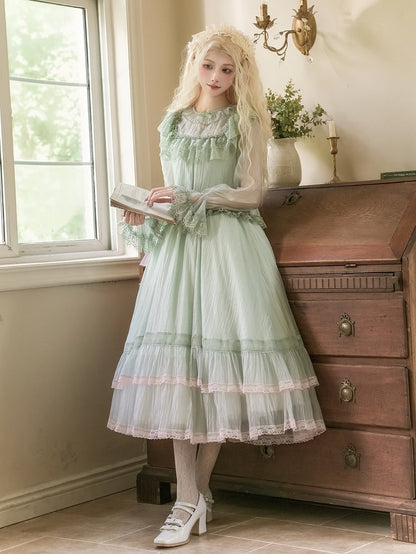Green Illusion Neckline Blouse with Pink Lace Trim Dress & Brooch - With PUJI