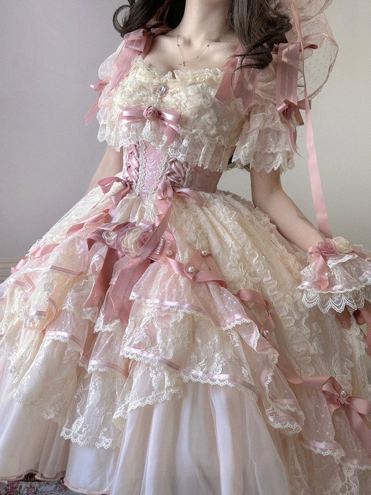 Pink Dress and Beige Piece Layered High-low Princess One Lolita Hanayome Hime