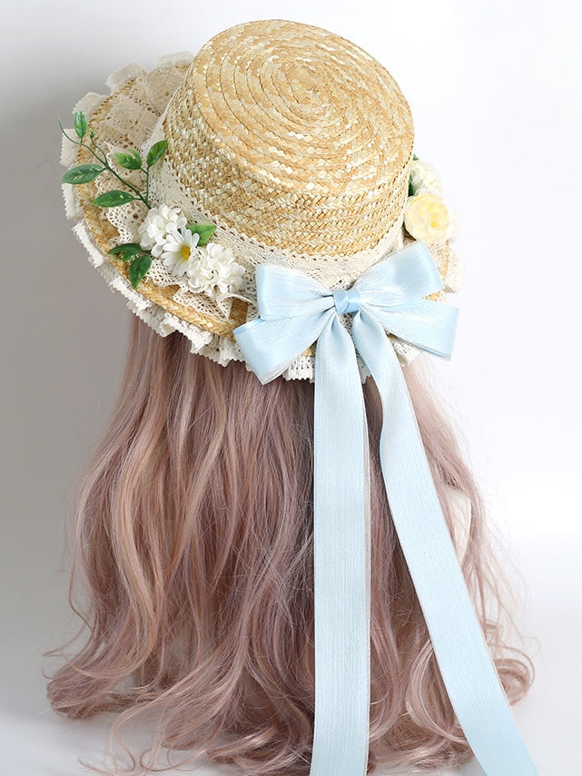 Hydrangea Bowknot Colors Straw Kei Lolita With Hat Lace Detachable Mori 4 Country