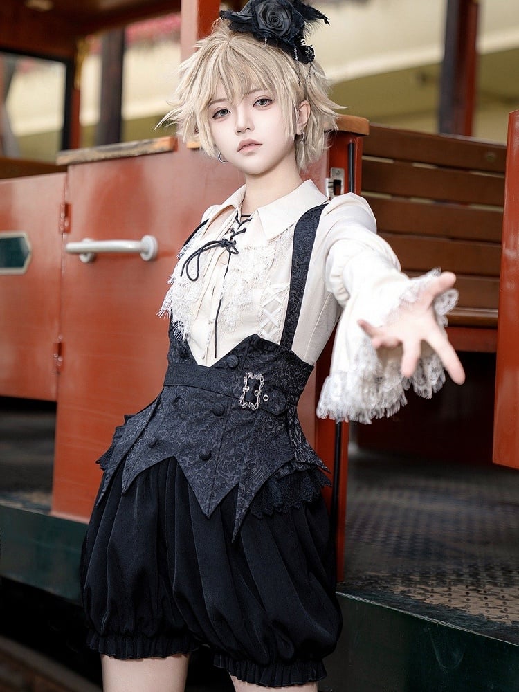 ストラップ付きブルー - ブラックブルマー王子ボウタイボーンセットベルトコルセットショーツロリータ+ゴシック