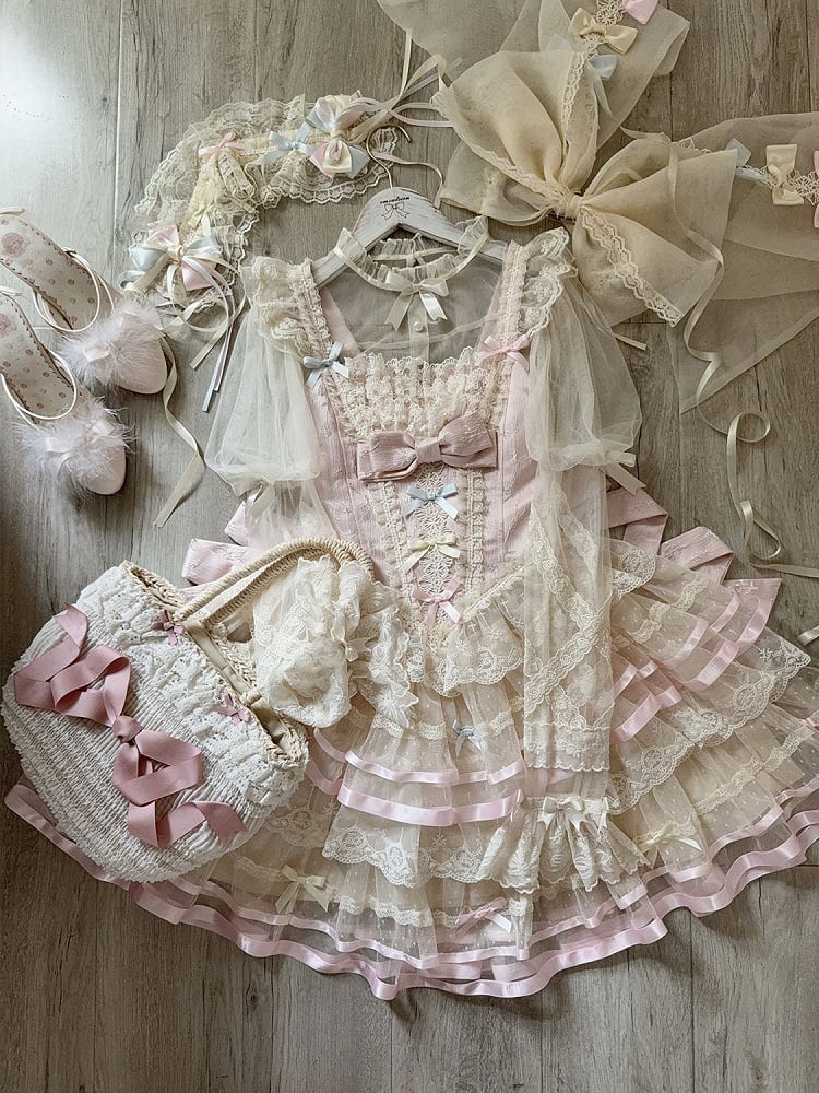 Korsett mit Prinzessinnen-Taille, rosa Tüll, mit großem Rückenrock, JSK, mehrlagige Schleife, Lolita