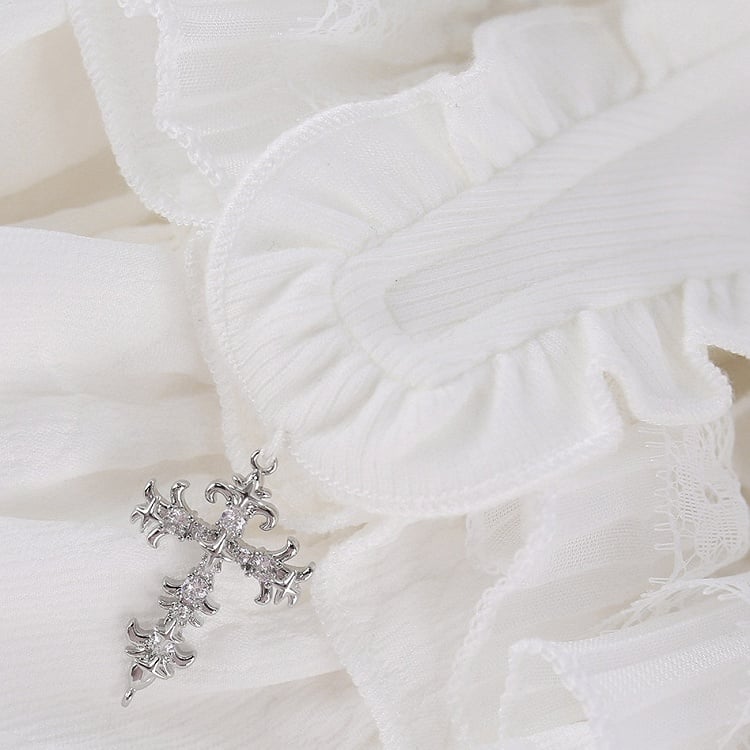 Layered White Ruffle Mini Skirt with Cross Accent & Lining - serendipity