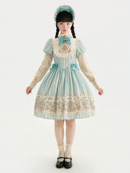 and Floral Blue Embroidery Classic One Bowknot Piece Striped Bodice Version Lolita Short Pattern