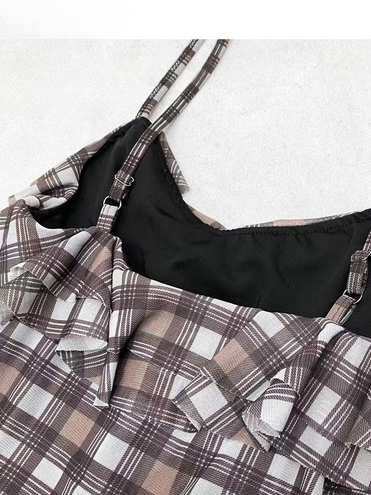Hem Pattern Cami Glamorous Bittersweet Brown Plaid Asymmetrical