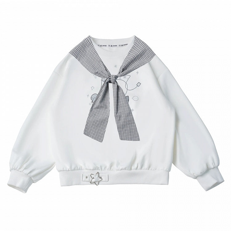 Kawaii White Crewneck Mouse Print Sweatshirt Plaid Shawl Set - PINK SAVIOR