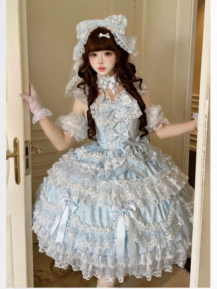 Dress Princess Accents Lolita Blue JSK with Bow and Lace Sweet