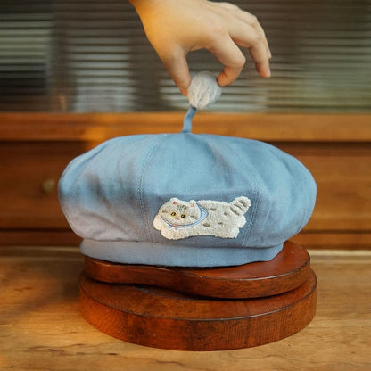 ライトブルー/ダークブルーのキュートなキティベレー帽