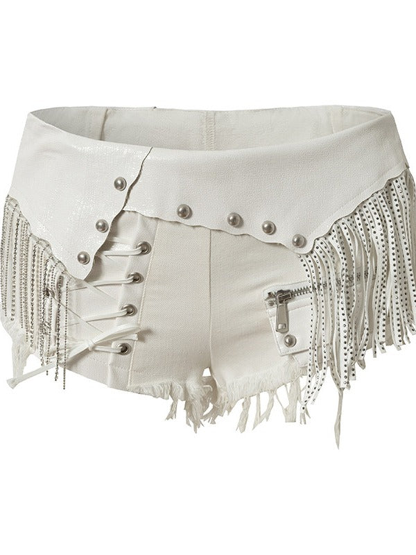 Punk White Denim Shorts with Leather Panels & Fringe - NO ROMANCE