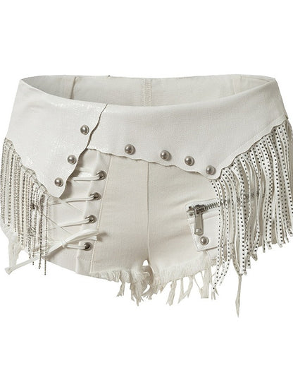 Punk White Denim Shorts with Leather Panels & Fringe - NO ROMANCE