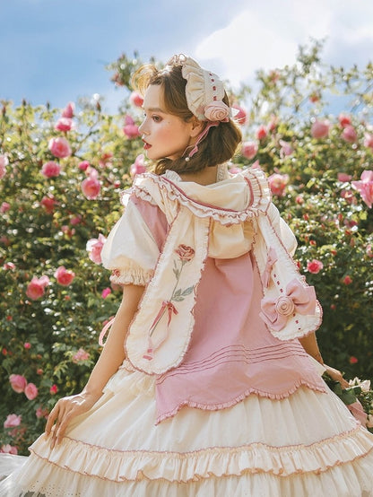 Cream & Pink Frilled Sweet Lolita Headband with Fabric Rose Decor - Bodhi Original Design