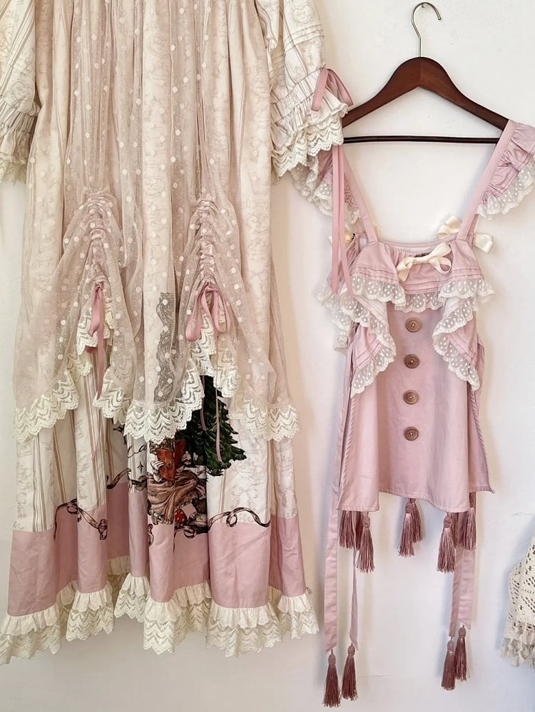 タッセルロリータピンクの裾のスイートエプロン