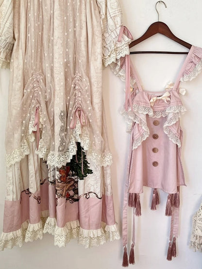タッセルロリータピンクの裾のスイートエプロン