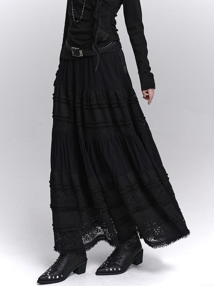 Lace Elastic Waist with Black Lining Patchwork Skirt Gothic Maxi