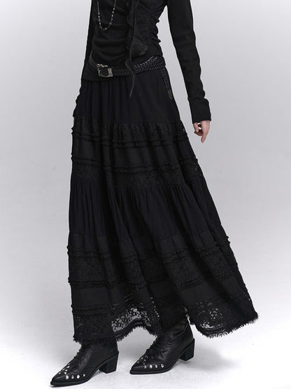 Lace Elastic Waist with Black Lining Patchwork Skirt Gothic Maxi