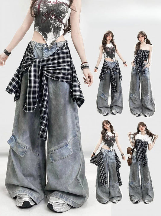 Weites Bein mit blauer Bittersüß-Jeans, schwarz-weiß kariertes Muster, Zubehörschnitt, abnehmbar