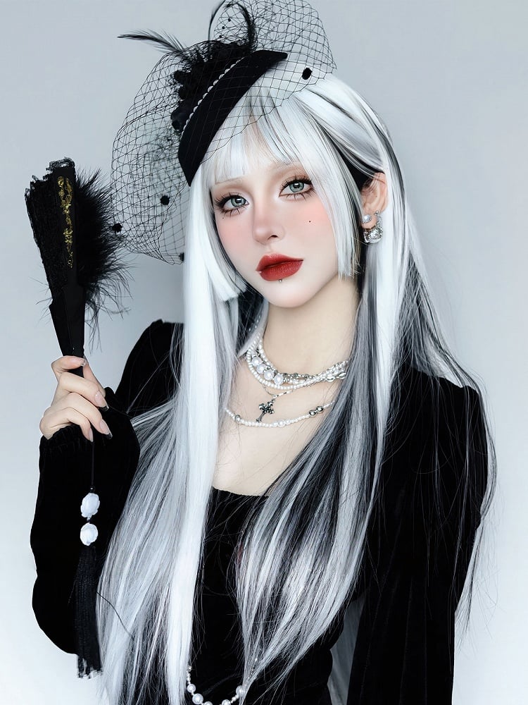 80CM Highlight Cut Hime Wig with Straight White Black Bangs